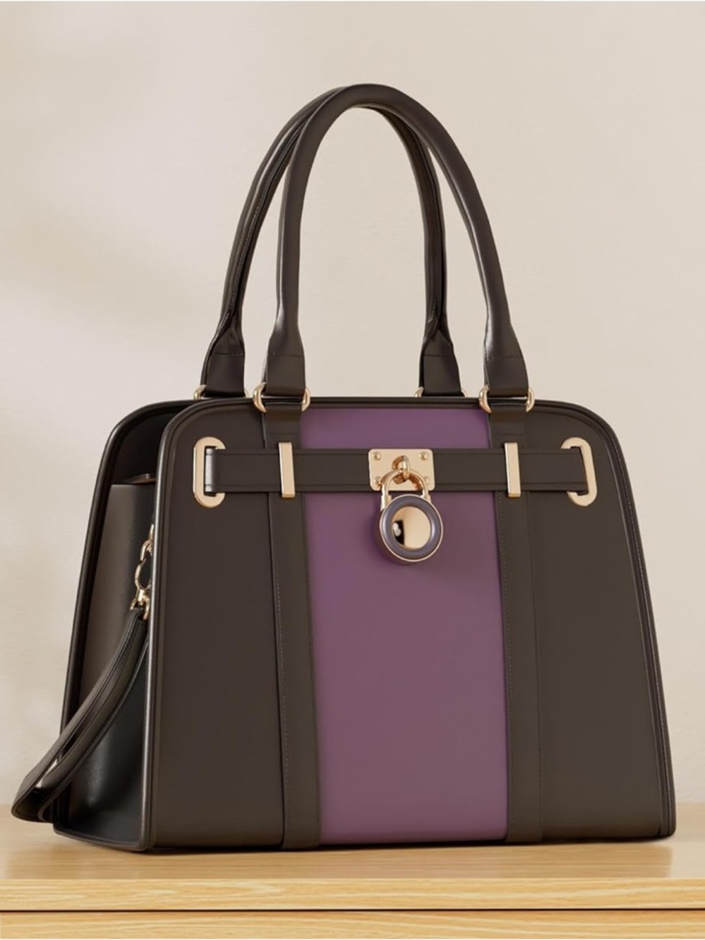 Q1YUER Black & Purple Structured Satchel Handbag Gold Lock Crossbody - Picture 2 of 5